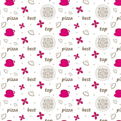 Seamless pattern with inscriptions best top pizza with pepper pink cup of coffee slices of ham brown outline