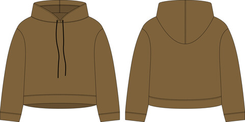 Women crop hoodie technical sketch. Olive color.