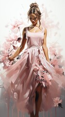 A slender girl ballerina in a pink dress dances, delicate pastel colors, Concept: postcard for femininity and beauty, neutral light background with strokes of paint and butterflies