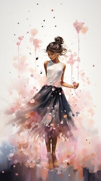 A slender girl ballerina in a dark dress dances, delicate pastel colors, Concept: postcard for femininity and beauty, neutral light background with strokes of paint and butterflies