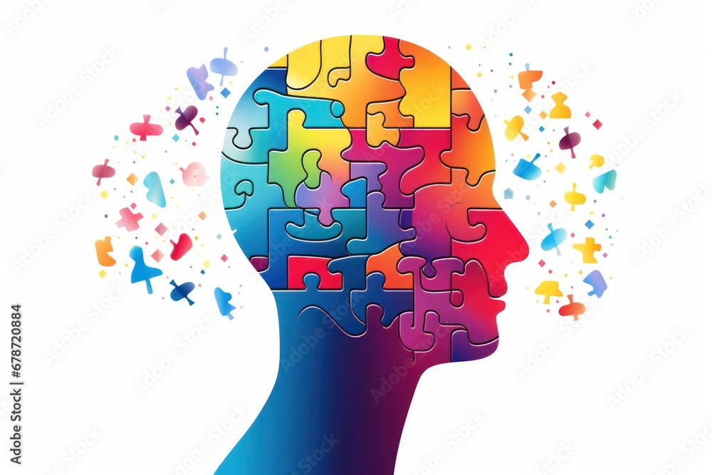 Poster exploring brain mental health and the intricate pieces of a person generative ai