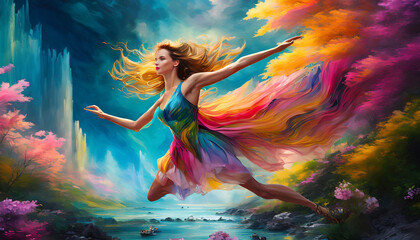 Beautiful young woman dancing on the background of a fantasy landscape. Celebration of color harmony composition