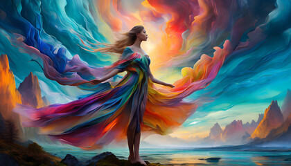 3d illustration of a beautiful girl in a long dress on the beach. Celebration of color harmony composition