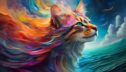 Portrait of a cat with colorful hair. 3D rendering. Celebration of color harmony composition