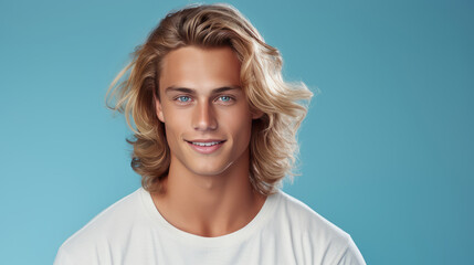 Elegant sexy smiling Caucasian blond man with blond and long hair with perfect skin, on a light blue background, banner. - obrazy, fototapety, plakaty