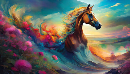 Beautiful horse integrated with the sky with clouds. Digital painting, 3d rendering. Celebration of color harmony composition