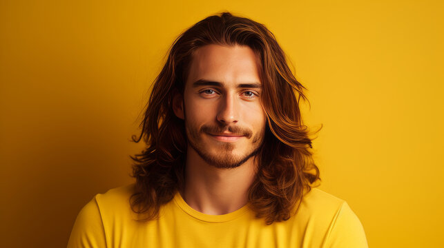 Handsome elegant sexy smiling Caucasian man with perfect skin and long hair, on a yellow background, banner, close-up.