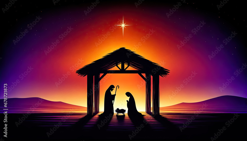 Wall mural Mary, Joseph with baby Jesus in a manger. Nativity of Jesus. Christmas concept.