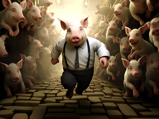 A determined pig in a business suit is running towards us on a cobbled path, with a crowd of cheering pigs behind him