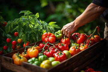 Gastronome entrepreneur sourcing from lush farmers market underscored by ripe red green and earthy brown tones 