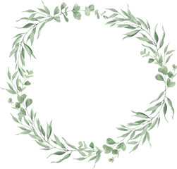 Watercolor floral wreath with eucalyptus leaves. Hand drawn illustration isolated on white. Vector EPS.
