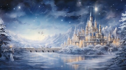 A snowy landscape adorned with intricate Christmas snowflakes, making the world shimmer with holiday enchantment.