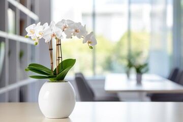 orchid in white vase on wooden table with blurred modern office background