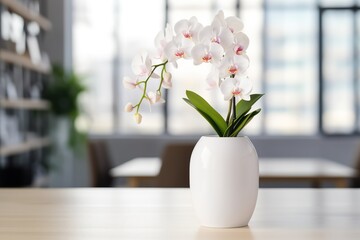 orchid in white vase on wooden table with blurred modern office background