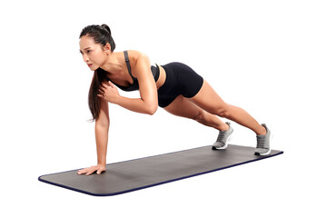 an asian woman is  working out  wearing the sport exercise suit with white background,