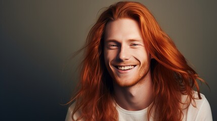 Handsome elegant sexy smiling man with perfect skin and long red hair, on a silver background,...