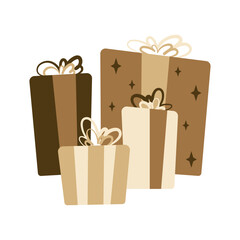 Composition of craft gift boxes for Christmas, New Year or Birthday party. Flat design element.