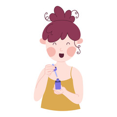 Cute young girl having a spa day at home. Face serum. Flat style cartoon character.