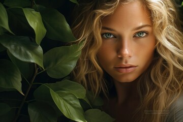Beautiful Savage blonde Woman in Nature Green Leaves, Young Wild Girl Portrait,