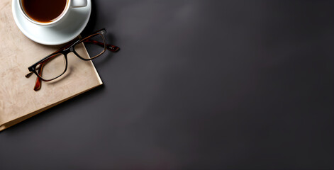 A white coffee cup sits on a saucer on top of a notebook, next to a pair of glasses, all on a dark background