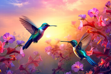 Obraz premium Two lovely hummingbirds flying around the flowers under the beautiful sunset