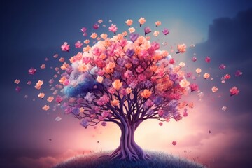 Obraz na płótnie Canvas Tranquil Tree with Fluttering Butterflies Representing Mental Generative AI