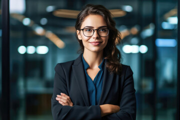 Smart tech industry business woman standing in the office with crossed arms. Confident smiling female. 