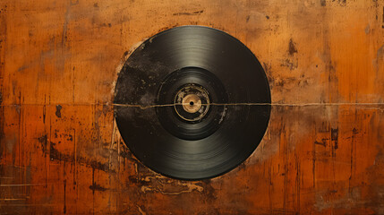 Vintage vinyl record on grunge concrete wall background with copy space