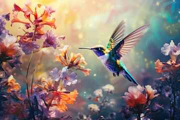Hummingbird flying around the flowers under the beautiful sunset