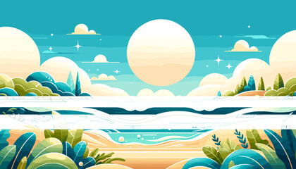 Fototapeta na wymiar Flat nature background with a sea theme and space for text, perfect for banners, greeting cards, posters, and advertising
