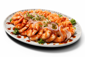 seafood on a plate, shrimps with sauce on transparent background, png file