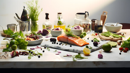 Culinary Masterpiece Ingredients on the table with black background.