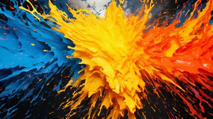 Fiery Explosion of Colors: Dynamic Interplay of Blue, Yellow, and Orange Paint Splashes