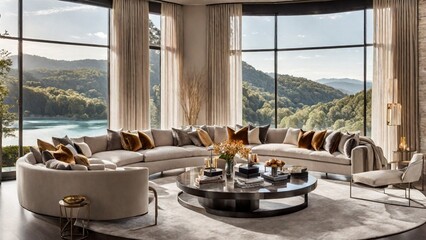 luxurious ambiance of a dream house living room, with round sofa and a table 