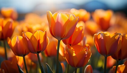 Obraz premium tulips in the garden. tulips in sunset. multicolour tulips. yellow tulip. red tulip blooming. tulips in sunrise