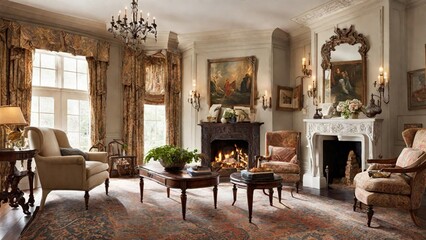 a colonial house living room where classic wooden furniture, adorned with intricate carvings and a fireplace