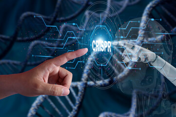 Human finger and robot finger. Touch icon. CRISPR, genetically modified DNA, blue background...