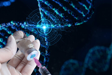 Human fingers are using medicine for genetic editing. Genetically modified DNA, blue background...