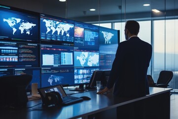 Computer control room engineer monitoring information security screen system technology