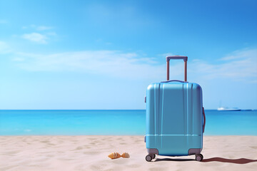 Blue suitcase with hat and accessories on sand beach, blue sea and blue sky, summer travel concept.