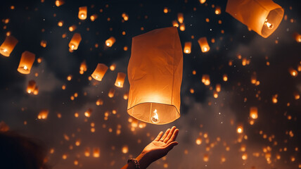 Releasing sky lanterns In the quiet night The concept of the tradition of releasing floating lanterns - obrazy, fototapety, plakaty