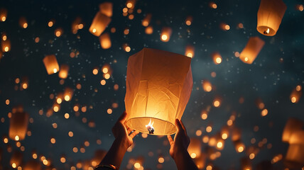 Releasing sky lanterns In the quiet night The concept of the tradition of releasing floating lanterns