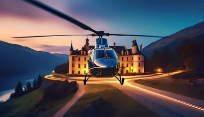 Foto auf Acrylglas Antireflex helicopter landing on the ground a 5 star hotel resort © Stuart Little