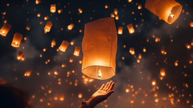 Releasing sky lanterns In the quiet night The concept of the tradition of releasing floating lanterns