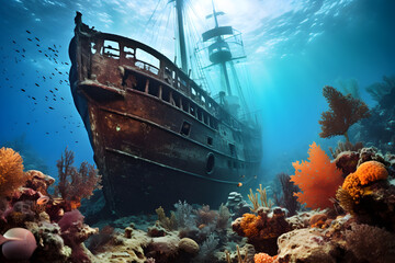 Naklejka premium Wrecked ship sits atop colorful coral reef in the crystal-clear waters of the South Pacific
