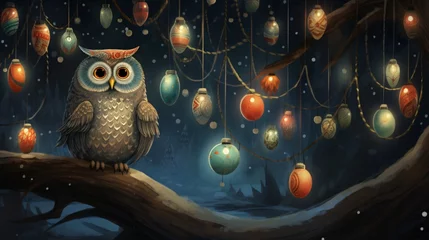 Zelfklevend Fotobehang A wise old owl watches over a group of curious birds as they playfully examine a sparkling Christmas ornament. © Fahad