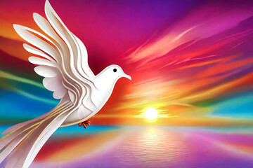 Fototapeta premium Flying paper pigeon on the background of sunset as a symbol of peace on the Earth planet 