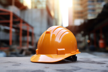 Construction safety helmet on the background of blurred construction. Generative AI