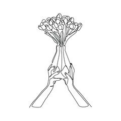 Continuous single line of hand holding beautiful romantic aesthetic flower in vase glass jar. One line art of people carrying romantic flower bouquet decoration vector illustration