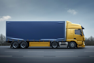 On the Road: A Yellow Truck with a Blue Tarp Cruising the Highway, ai generative